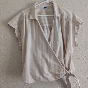 Old Navy Beige & White Striped Wrap Top